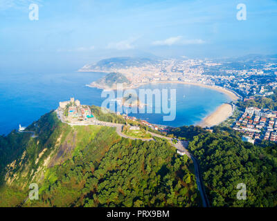 Monte Igueldo Tower, viewpoint and Amusement Park on the Monte Igueldo mountain in San Sebastian or Donostia city in Spain Stock Photo