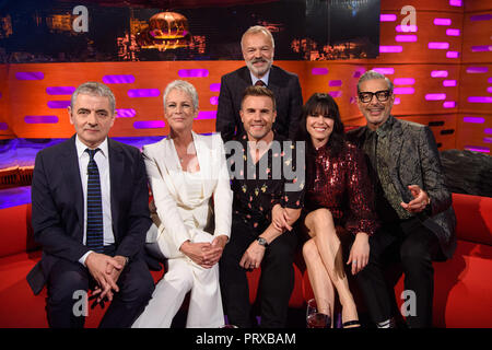 (Left to right) Rowan Atkinson, Jamie Lee Curtis, Gary Barlow, Imelda May and Jeff Goldblum with host Graham Norton during the filming of the Graham Norton Show at BBC Studioworks 6 Television Centre, Wood Lane, London, to be aired on BBC One on Friday evening. Stock Photo