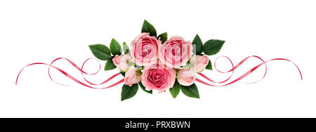 Pink rose flowers and silk waved ribbons in a corner arrangement ...