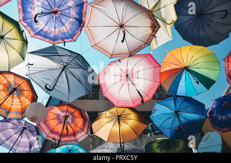 Colourful umbrella display, Old Bazaar, Skopje, Republic of Macedonia, September 2018 Stock Photo