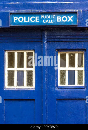 Vintage blue police telephone box, close-up. Stock Photo