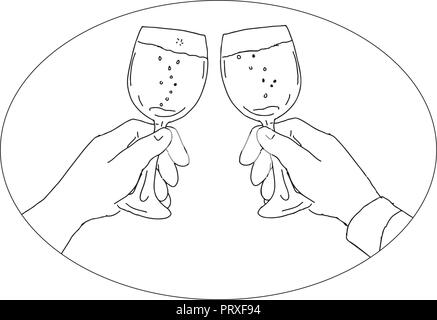Drawing sketch style illustration of two hands with wine glass toasting on isolated white background. Stock Vector