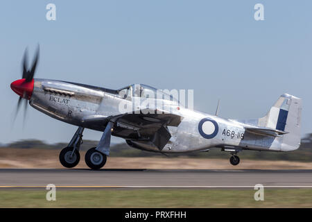 Former Royal Australian Air Force (RAAF) Commonwealth Aircraft Corporation CA-18 Mustang VH-AGJ (North American P-51D Mustang) world war II fighter pl Stock Photo