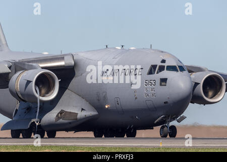 United States Air Force (USAF) Boeing C-17A Globemaster III military transport aircraft 05-5153 from the 535th Airlift Squadron, 15th Airlift Wing bas