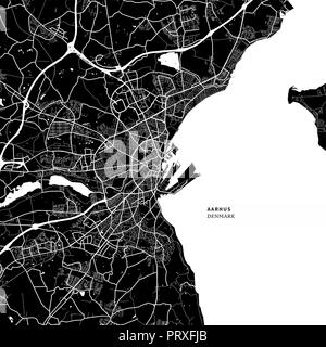 Area map of Aarhus, Denmark with typical urban landmarks like buildings, roads, waterways and railways as well as smaller streets and park trails. Rem Stock Vector