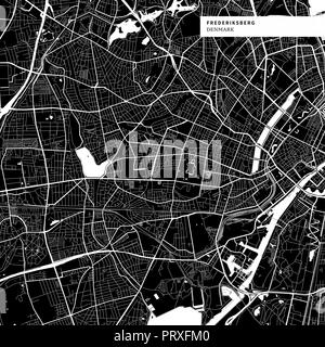 Area map of Frederiksberg, Denmark with typical urban landmarks like buildings, roads, waterways and railways as well as smaller streets and park trai Stock Vector