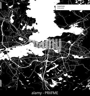Area map of Tampere, Finland with typical urban landmarks like buildings, roads, waterways and railways as well as smaller streets and park trails. Re Stock Vector