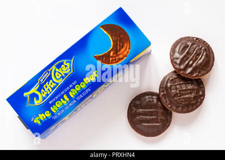 Box of McVities Lemon & Lime Jaffa Cakes with three removed isolated on white background Stock Photo