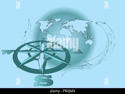 wind rose and map on the background with earth Stock Vector