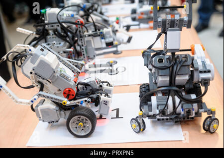Tyumen, Russia - February 16. 2017: Open championship of professional skill among youth. World skills Russia Tyumen - 2017. Robots made of Lego blocks Stock Photo