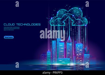 Smart city 3D light cloud computing cityscape. Intelligent building big data exchange storage online futuristic business concept future technology. Urban banner vector illustration Stock Vector
