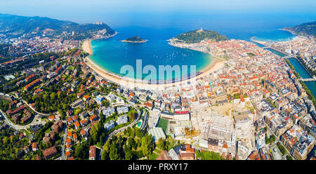 San Sebastian or Donostia aerial panoramic view. San Sebastian is a coastal city in the Basque country in Spain. Stock Photo