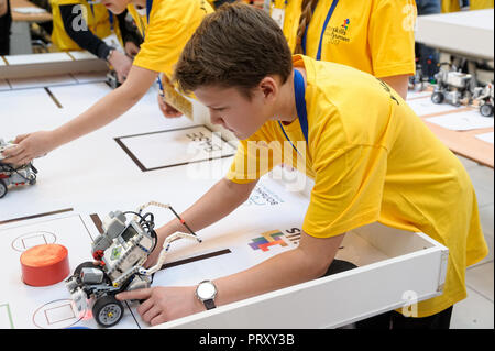 Tyumen, Russia - February 16. 2017: Open championship of professional skill among youth. World skills Russia Tyumen - 2017. Competitions of robots amo Stock Photo