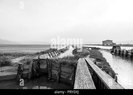 Monochrome image of old saltpan house in Natural Park Secovlje - Salt Pans in Slovenia, Europe. Stock Photo