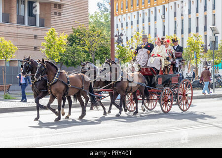 Seville, Spain - April  15, 2018: Horse drawn carriage in Seville April Fair (Feria de Abril de Sevilla) Stock Photo