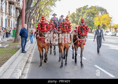 Seville, Spain - April  15, 2018: Horse drawn carriage in Seville April Fair (Feria de Abril de Sevilla) Stock Photo