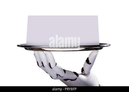 Robotic Hand Holding Blank Card On Plate Over White Background Stock Photo