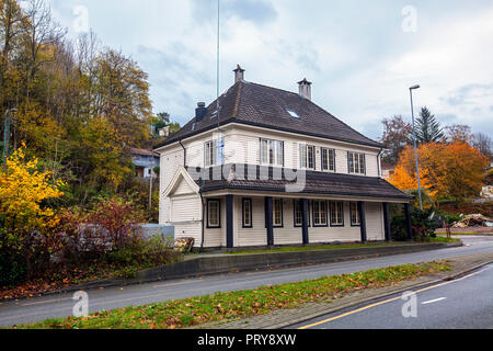 Autumn at Hop, at the old railway station in Fana, Bergen, Norway. It has been renovated several times over the years. Stock Photo