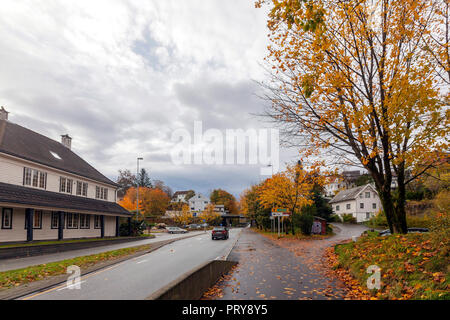 Autumn at Hop, at the old railway station in Fana, Bergen, Norway. It has been renovated several times over the years. Stock Photo