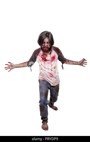 Scary asian zombie man with blood on his clothes standing isolated over white background Stock Photo