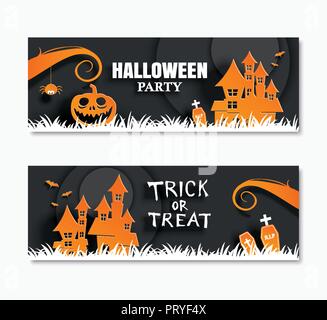 Halloween party invitations banner and greeting cards. Paper art background. Stock Vector