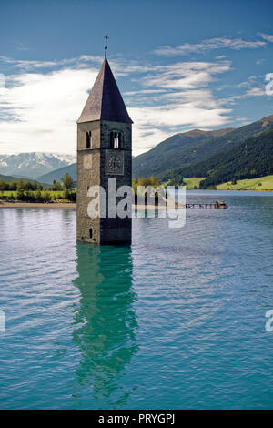 Church tower of Alt-Graun in the Lake Reschensee, Reservoir, Graun in the Vinschgau, Reschenpass, South Tyrol Stock Photo