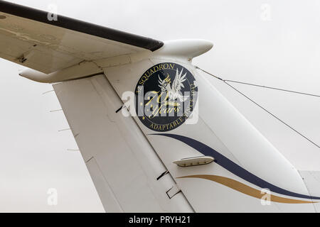 Tail of Royal Australian Air Force (RAAF) Hawker Beechcraft B350 King Air aircraft displaying a 70th anniversary emblem for 32 Squadron RAAF. Stock Photo