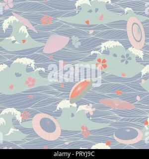 Seamless Pattern with Hand Drawn Stylized Sea Waves, Japanese umbrellas, sakura flowers. Vector Illustration. Stock Vector