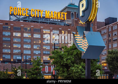 Ponce City Market, a mixed-use redevelopment complex in Atlanta, is a popular destination for shopping, dining, amusements, and music entertainment. Stock Photo