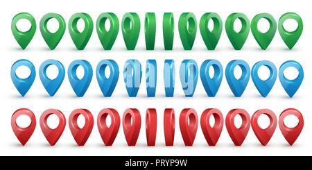 Map pointers vector set green blue red Stock Vector