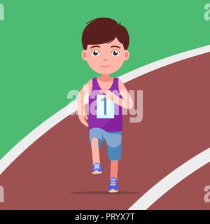 Cartoon boy running a marathon in a stadium Stock Vector