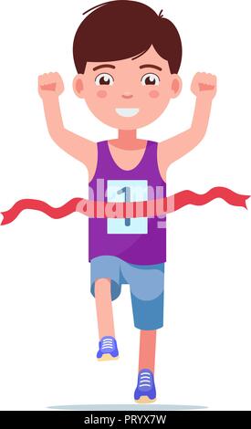 Cartoon boy running and winning a marathon Stock Vector