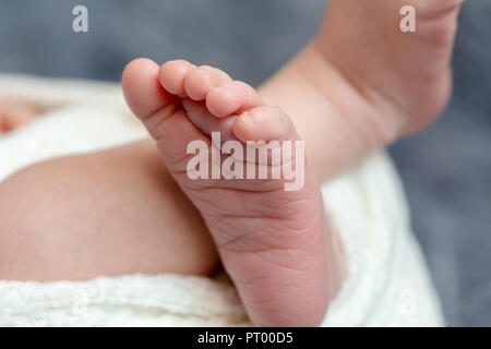 Close-up of small baby legs. The sleeping Newborn boy under a white knitted blanket lies on the blue fur. Stock Photo