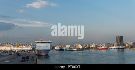 Pireaus Greece/ June 18, 2018: Ferries in Pireaus Harbor Greece Stock Photo