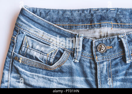 Background of denim blue jeans with detail of linen pattern, Closeup. Stock Photo