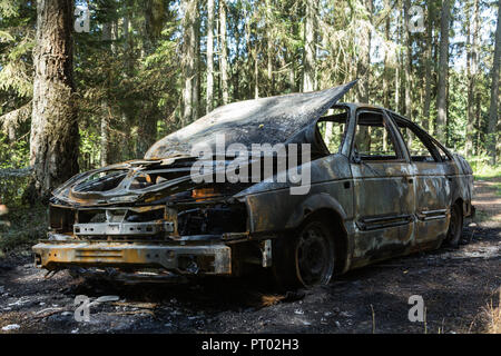 Fully burned car in the forest in summer, accident background Stock Photo