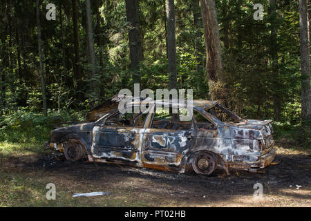 Fully burned car in the forest in summer, accident background Stock Photo