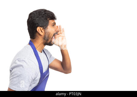 Side-view of supermarket or hypermarket employee yelling with one hand near mouth with blank copy text area isolated on white Stock Photo