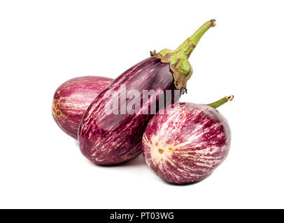 Three fresh purple eggplant graffiti on white background Stock Photo