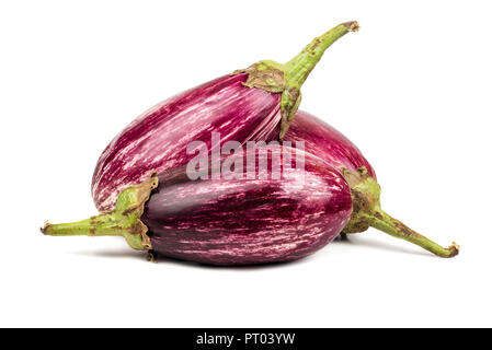 Three fresh purple eggplant graffiti on white background Stock Photo