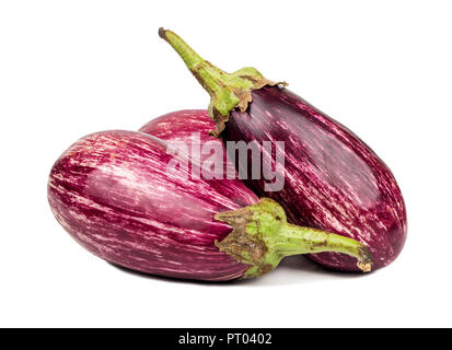 Three fresh purple eggplant graffiti on white background Stock Photo