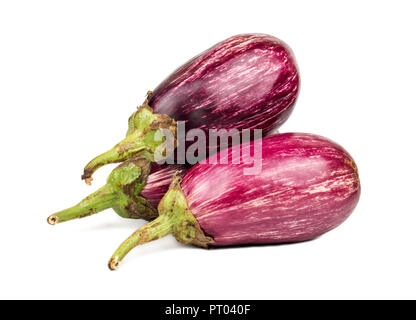 Three raw purple eggplant graffiti on white background Stock Photo