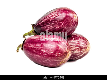 Three raw purple eggplant graffiti on white background Stock Photo