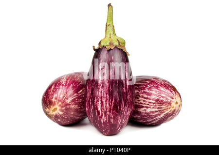 Three raw purple eggplant graffiti on white background Stock Photo