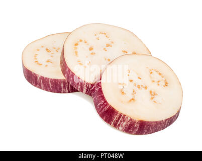 Three slices of fresh eggplant on white background Stock Photo