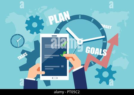 Vector illustration of businessman using tablet and organizing business schedule with goals and tasks on blue background Stock Vector