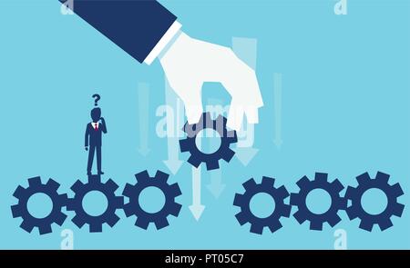 Vector of a perplexed businessman with question mark standing over machine gear wheel line cogwheel making a decision on replacing a missing part Stock Vector