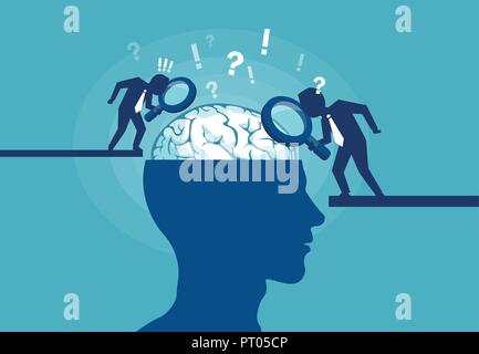 Colorful vector illustration of scientists researching brain and psychology of human on blue background Stock Vector