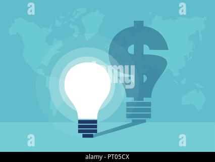 Vector illustration of glowing light bulbs with shadow of a dollar sign on background of worldwide map Stock Vector