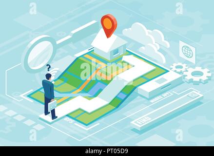 Online navigation concept in isometric vector. Businessman using smartphone application map to find his destinaton Stock Vector